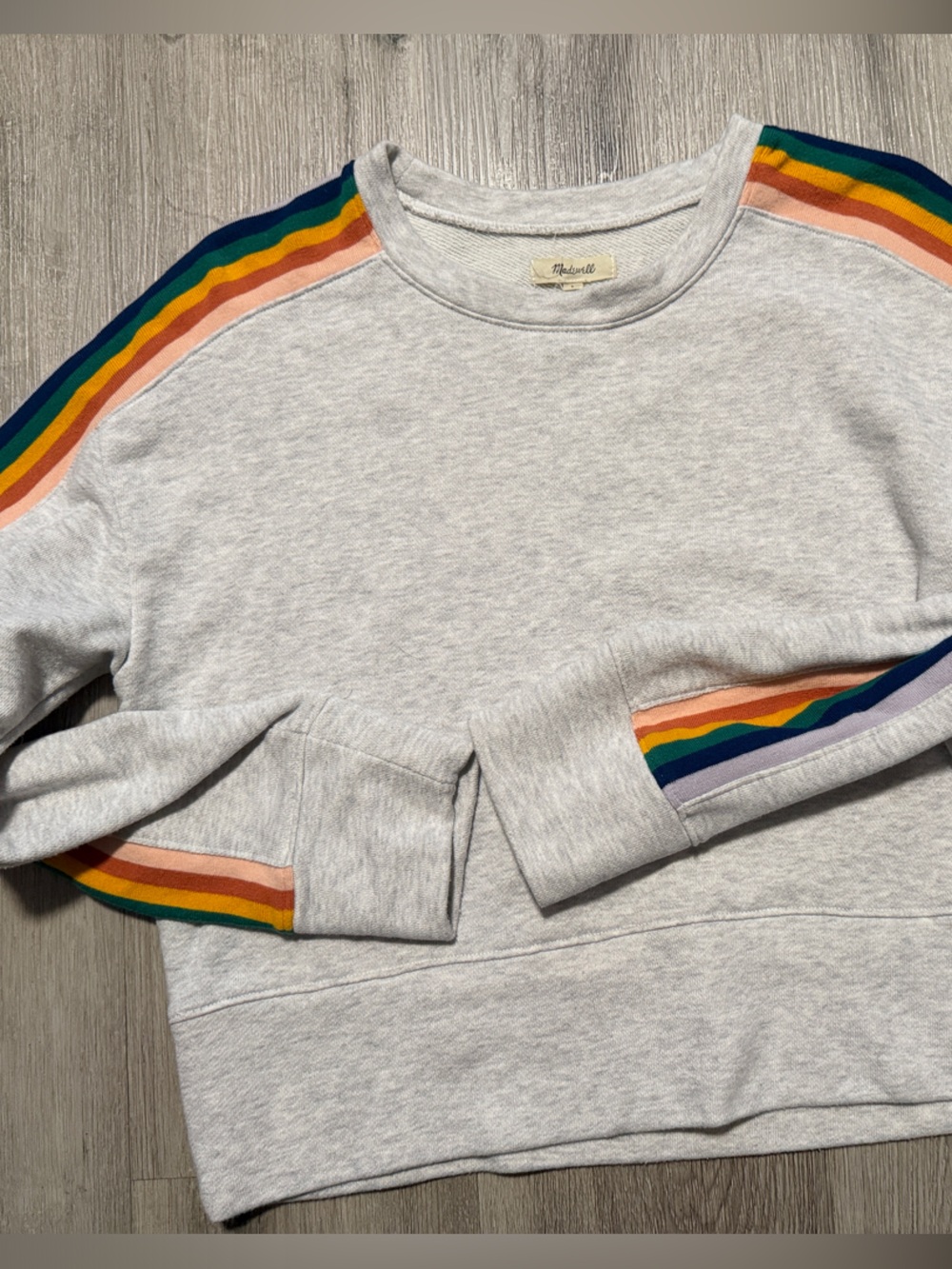 Madewell Heather Gray Sweatshirt with Rainbow Shoulder Stripes